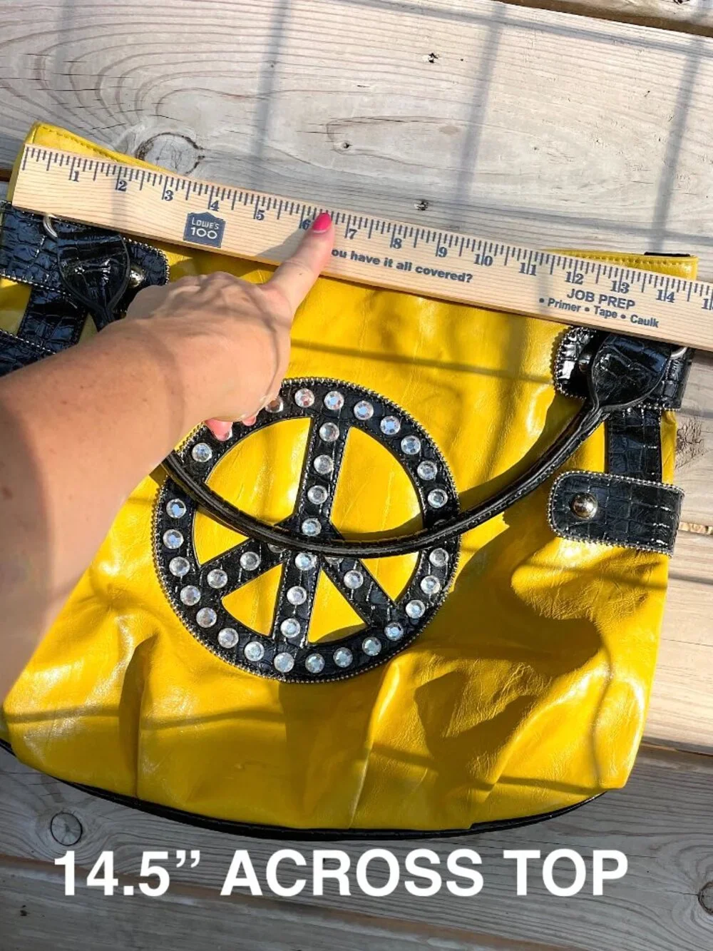 Y2K Boho Yellow Peace Sign Rhinestone Hobo Bag Festival Statement Purse